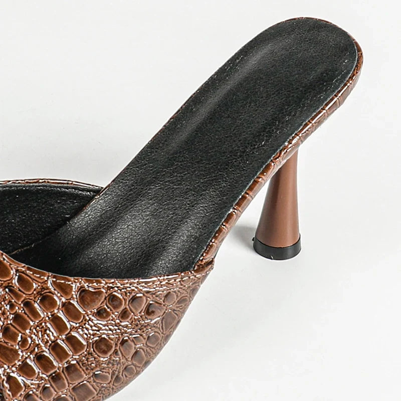 Crocodile Texture High Heel Sandals Women Fashion Square Toe Stilettos Heels Sandals Woman Plus Size Slip On Banquet Party Shoes
