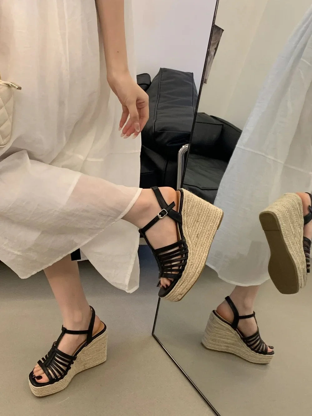 9cm Heeled Wedges Ankle Sandals Black Dress Shoes for Women T-Strap Silver Chunky Heels Summer Platform Bohemia Sandals 2026
