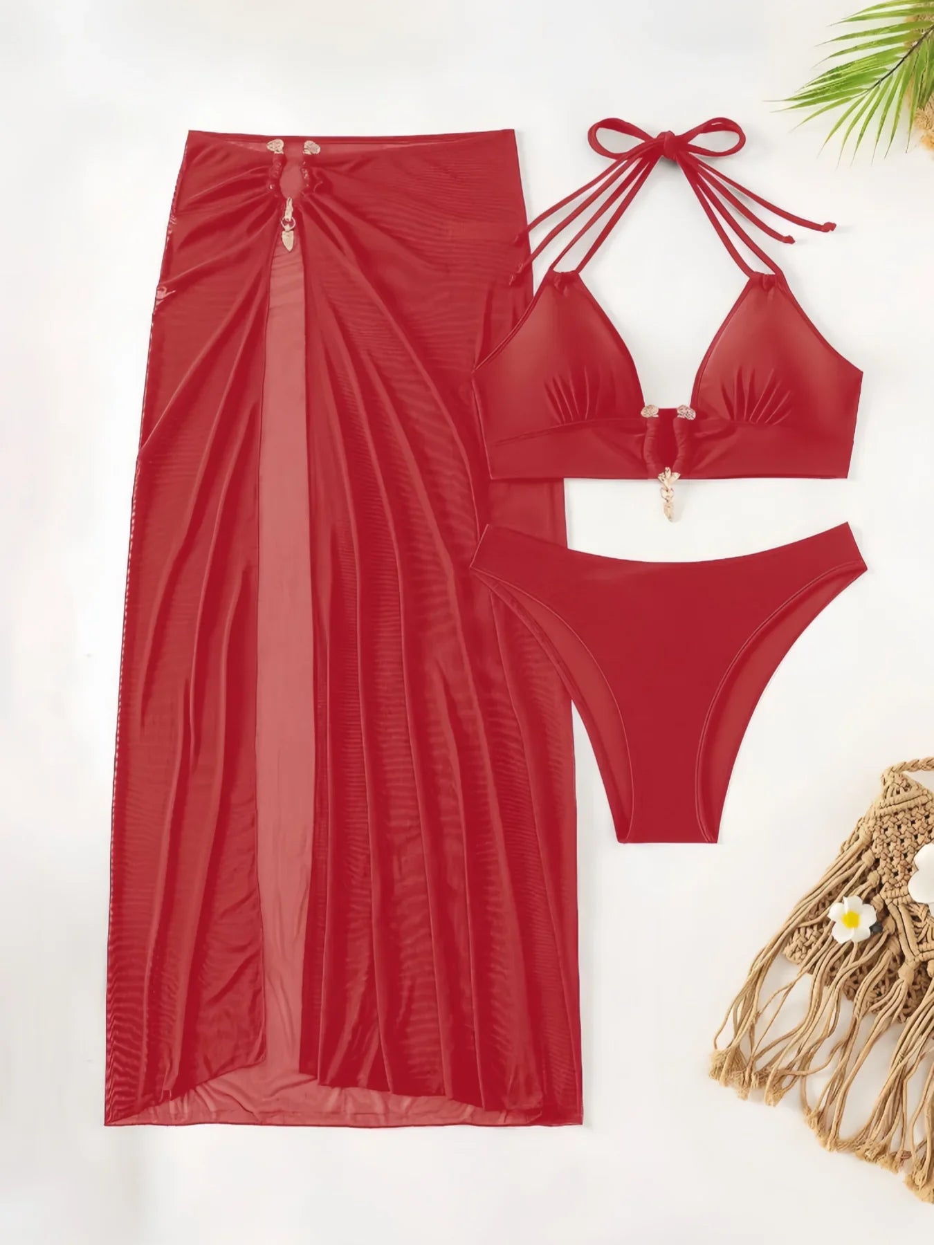 3 Pieces Halter Bikinis 2026 Solid Swimwear Female Sexy Swimsuit Women With Mesh Beach Dress Bathers Bathing Swimming Swim Suit