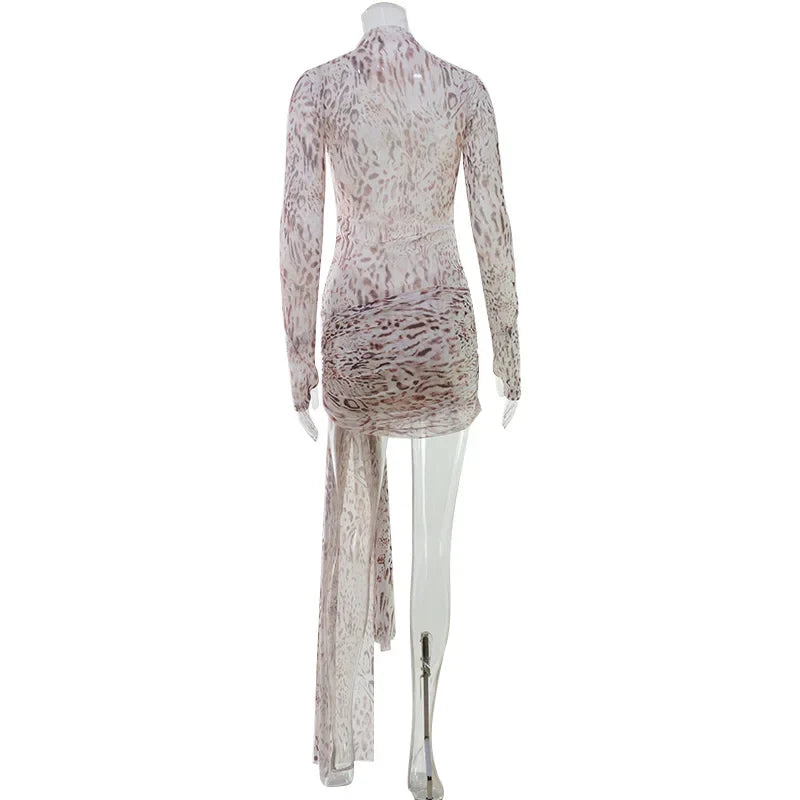 Ahagaga Sexy Sheer Women'Mini Dresses Turtleneck Print Regular Long Sleeves Ribbon Sheath Bodycon Casual Streetwear Female Robe
