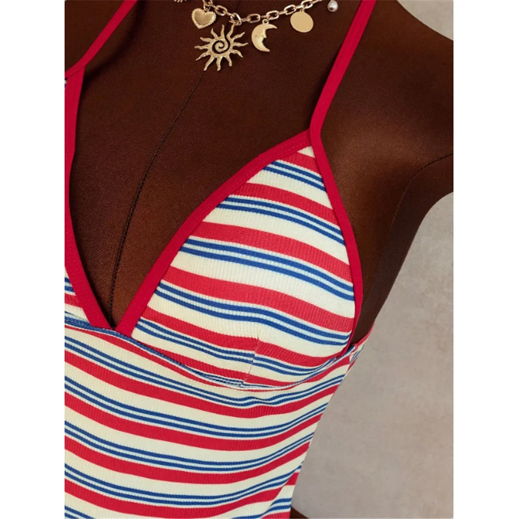 S - XL Striped V Neck Tankini Halter Bikini Female Swimsuit Women Swimwear Bather Bathing Suit Swim Two-pieces Bikini set K8110