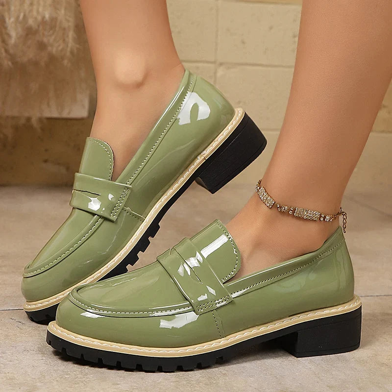 Patent Leather Thick Heels Loafers Women Spring New Mixed Color Med Heel Office Pumps Woman Plus Size 43 Slip On Single Shoes