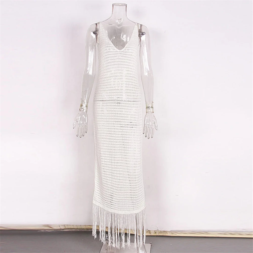 New Sexy S - XL Fringe Tassel Knitted Crochet Tunic Beach Cover Up Cover-ups Beach Dress Beach Wear Beachwear Female Women V3791