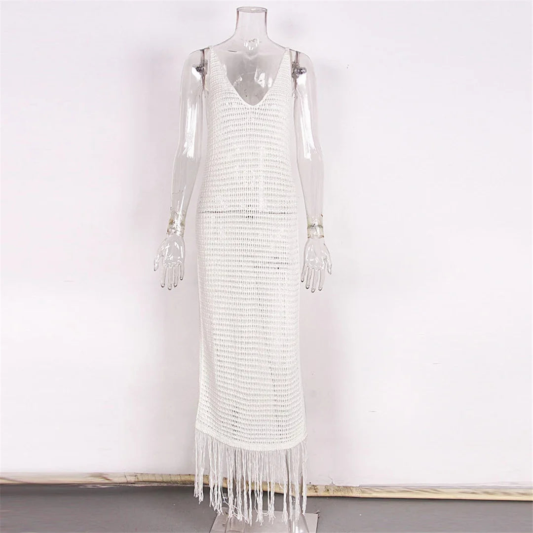 New Sexy S - XL Fringe Tassel Knitted Crochet Tunic Beach Cover Up Cover-ups Beach Dress Beach Wear Beachwear Female Women V3791