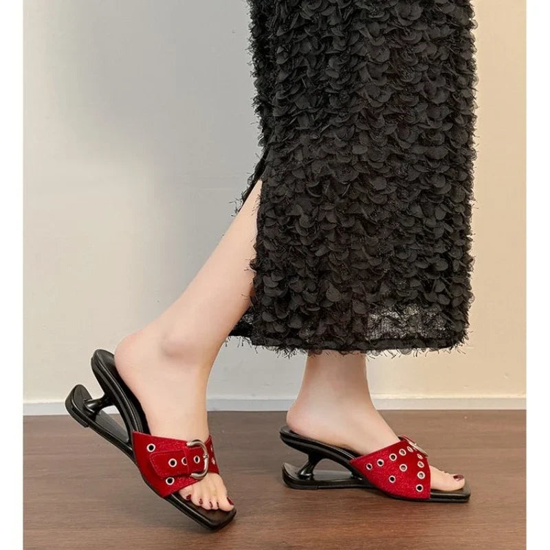 Sexy Black Rivet Slippers Square Toe Buckle Strap Strange Style Heel Sandals Outside 2025 Summer New French Style Women Shoes