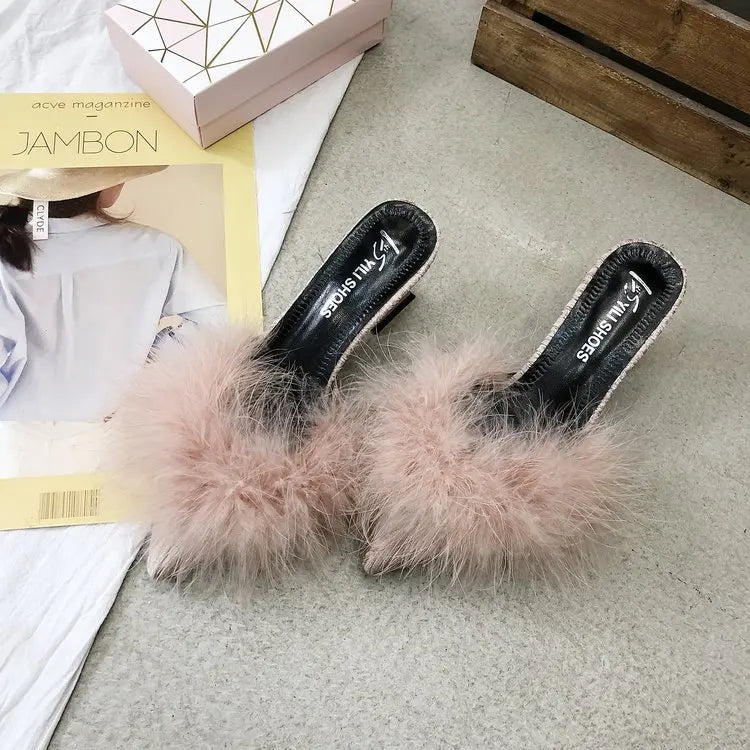 Women's Half Slippers New Summer Sexy Pointed Temperament High-heeled Slippers Female Fashion Furry High Heels Solid Slides
