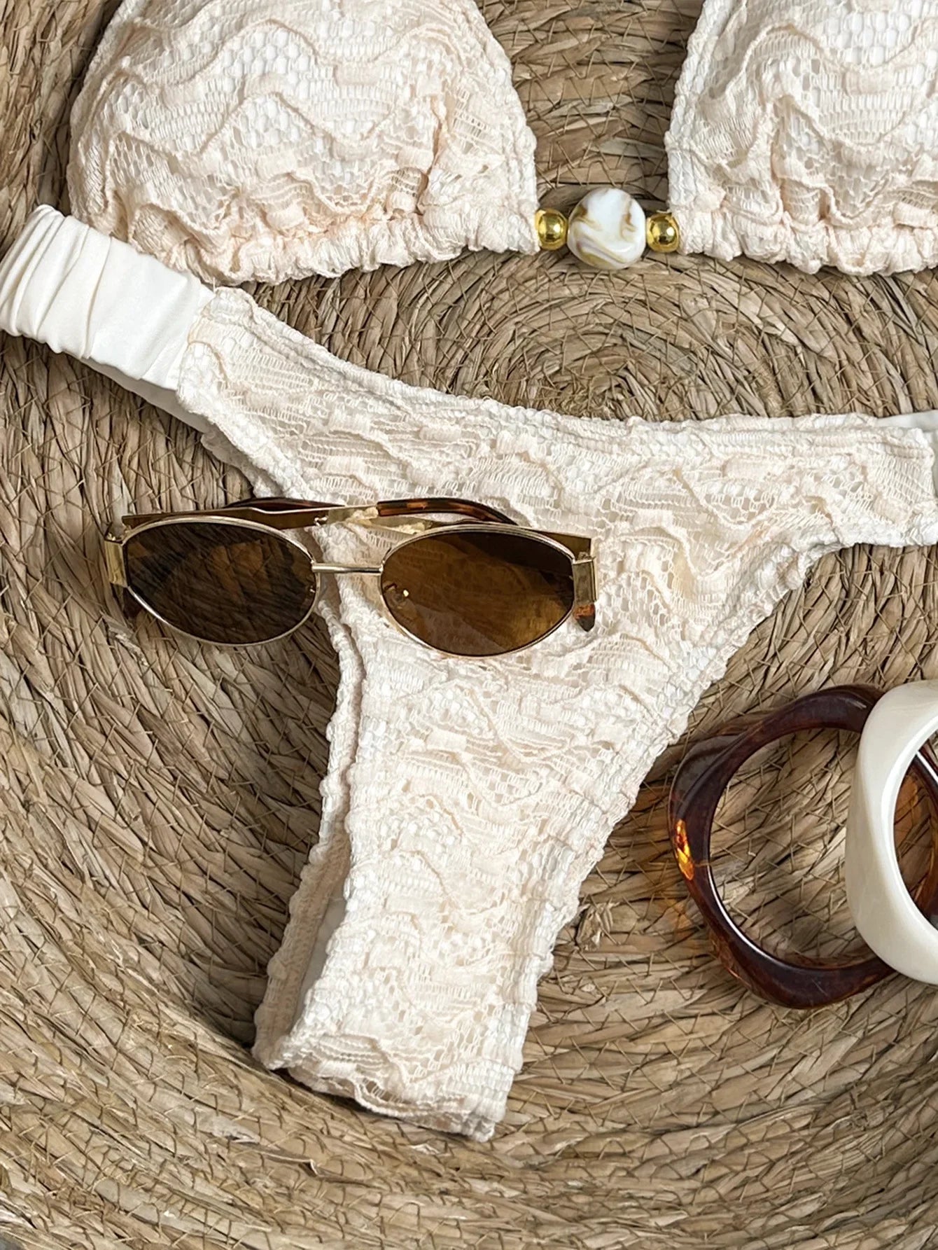 Sexy Beige Black Micro Bikini Set 2026 Women Pearls Strap Push Up Bra Pleate Thong Swimsuit Beach Bathing Suit Holiday Swimwear