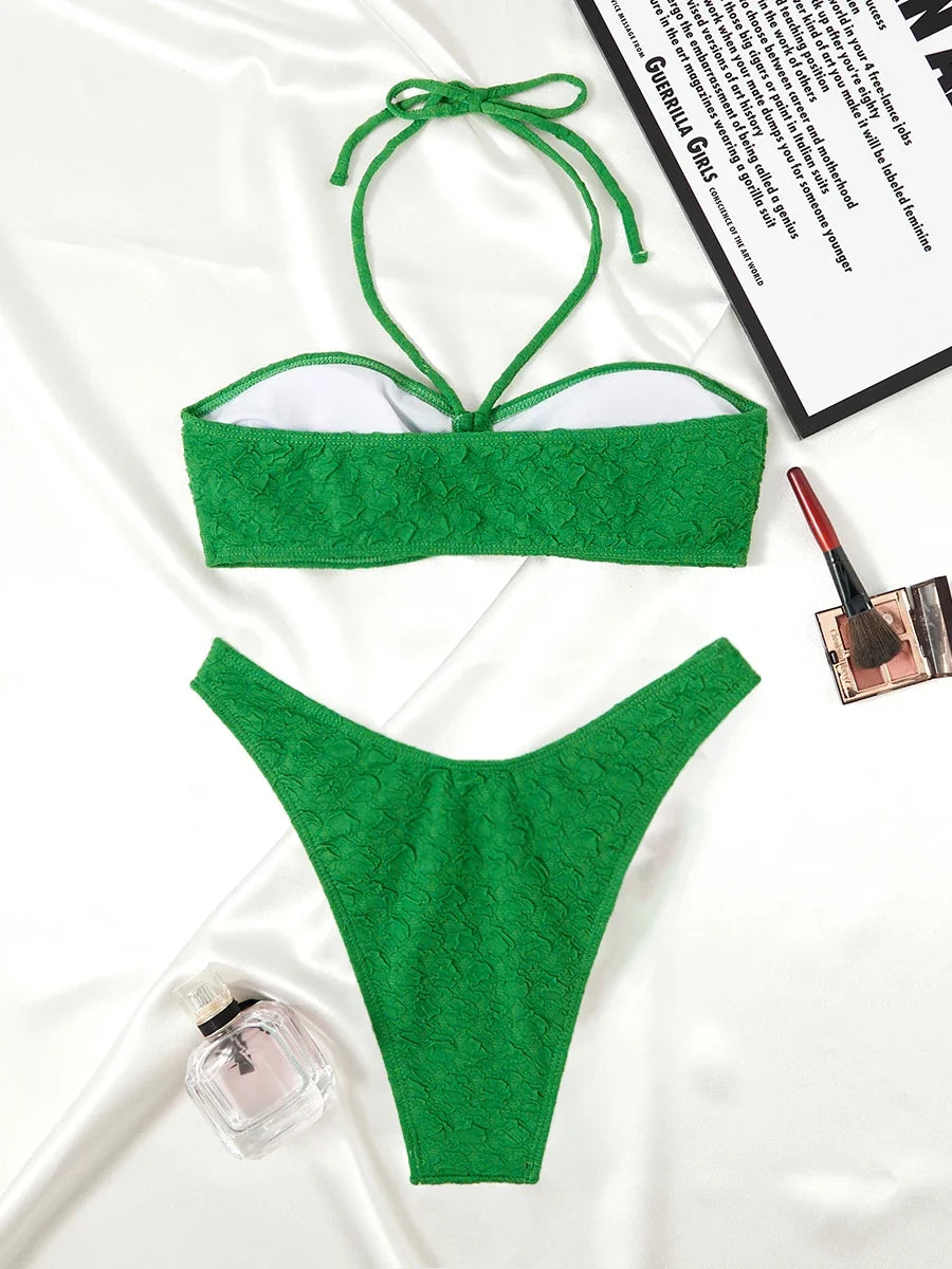 2025 Halter Bandeau Bikini Solid Swimwear Female Sexy Swimsuit Women Bathers Bathing Swimming Swim Suit Beachwear