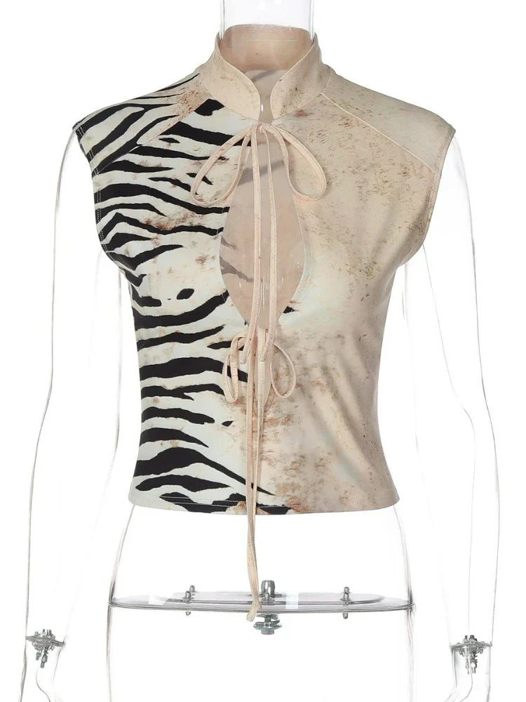 FDYOUI Sexy Zebra-stripe Print Tank Tops Women's Corset 2026 Summer Stand Collar Lace-up Sleeveless T-shirt Hollow Out Crop Top