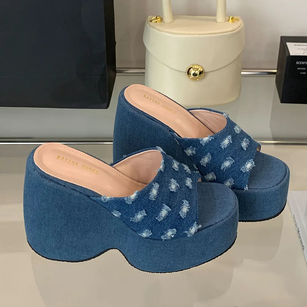 2025 Vintge Denim Blue Summer Chunky Platform Sandals Women Slides Chunky High Heels Wedges Shoes Mules Outdoor Slipper