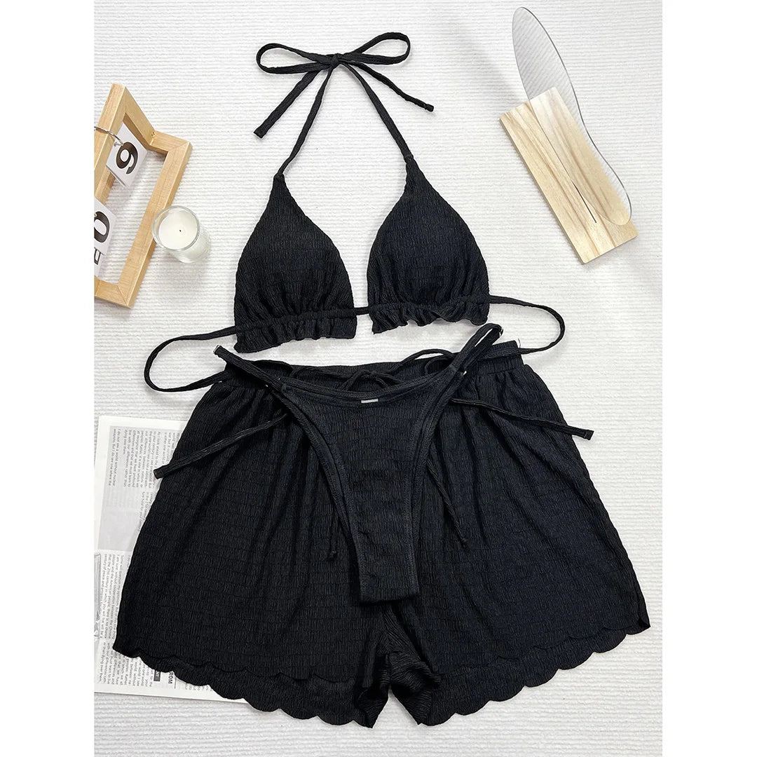 Ruffled Firlled Halter Bikini Women Swimwear Female Swimsuit Three-Pieces Bikini Set With Shorts Bather Bathing Suit Swim V5673