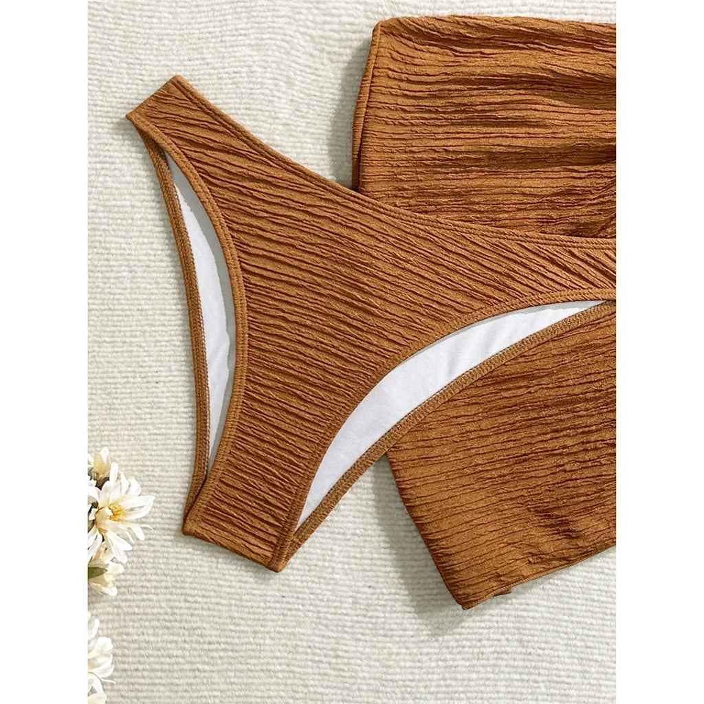 3PCS With Sarong Metal Star Halter Bikini Female Swimsuit Women Swimwear Three-Pieces Bikini Set Bather Bathing Suit Swim V7042
