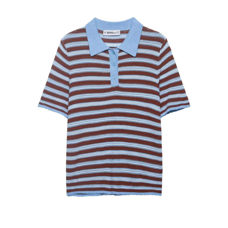 Fashion Casual Striped Knit Polo Shirt Striped Knit Shirt For Women Blue Brown Short Sleeve Hollow Out Casual Summer Top UEZ7