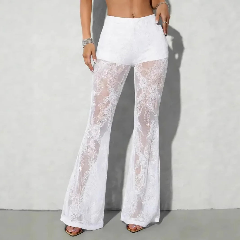 Women's summer lace see-through high-waist flared pants sexy bootcut trousers hot girl style