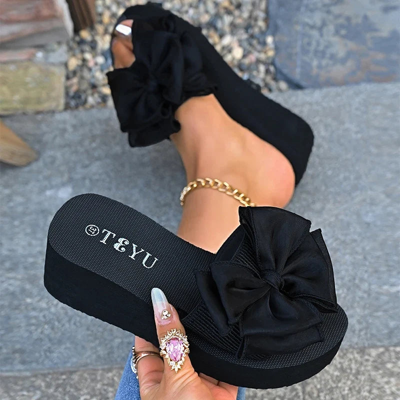 2026 Summer Big Bowknot Platform Slippers Women Plus Size 42 Open Toe Wedges Sandals Woman Lightweight Casual Beach Flip Flops