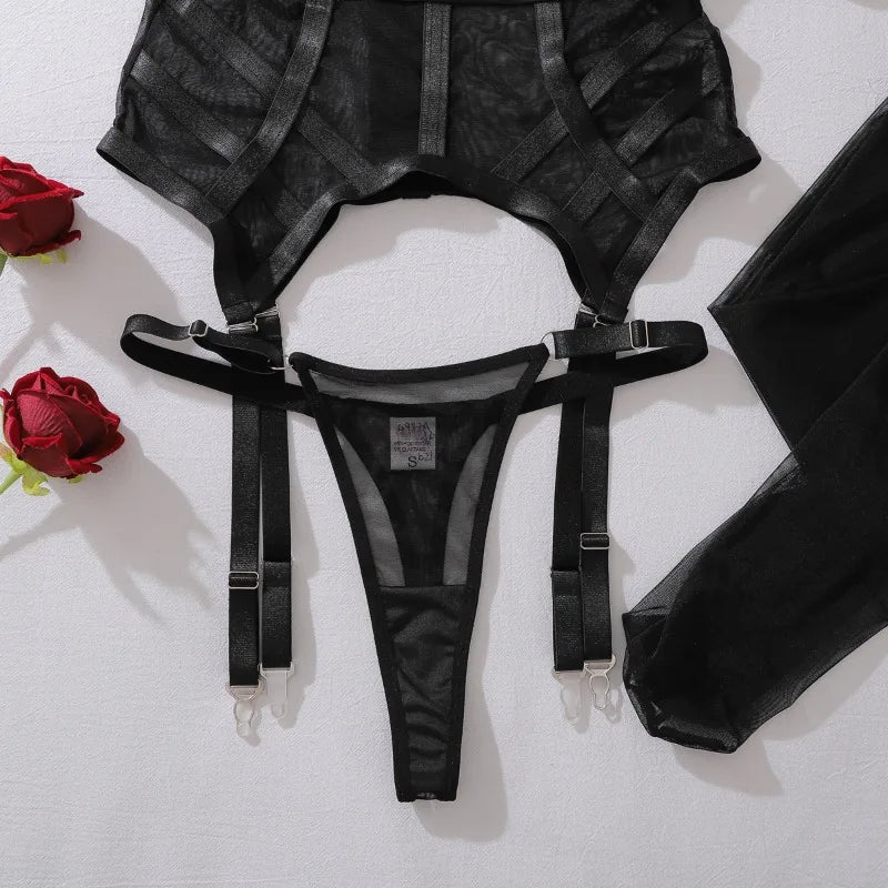 Toucheart Erotic Lingerie Fashionable See-through Mesh Complex Craft Waist Halterneck Women Luxurious Sexy Suit with Leg Socks