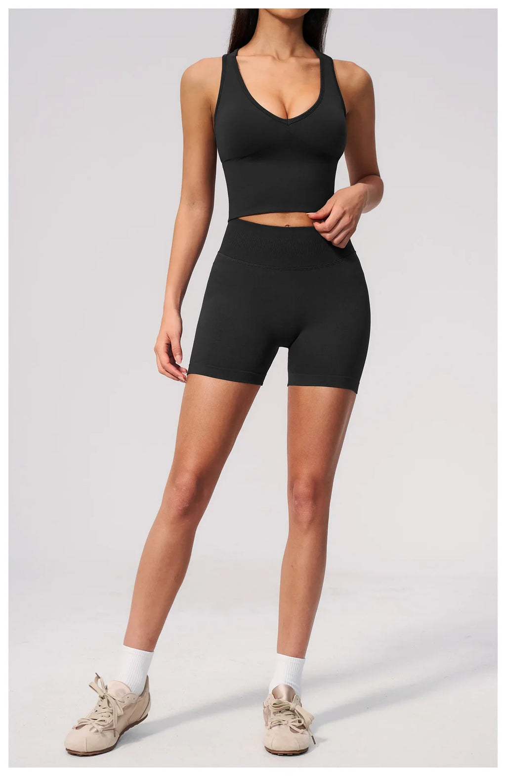 Seamless Gym Yoga Sets Women Breathable I-shaped Shock-absorbing Slim Sports Tank Top High Waist Shorts Training Fitness Suit