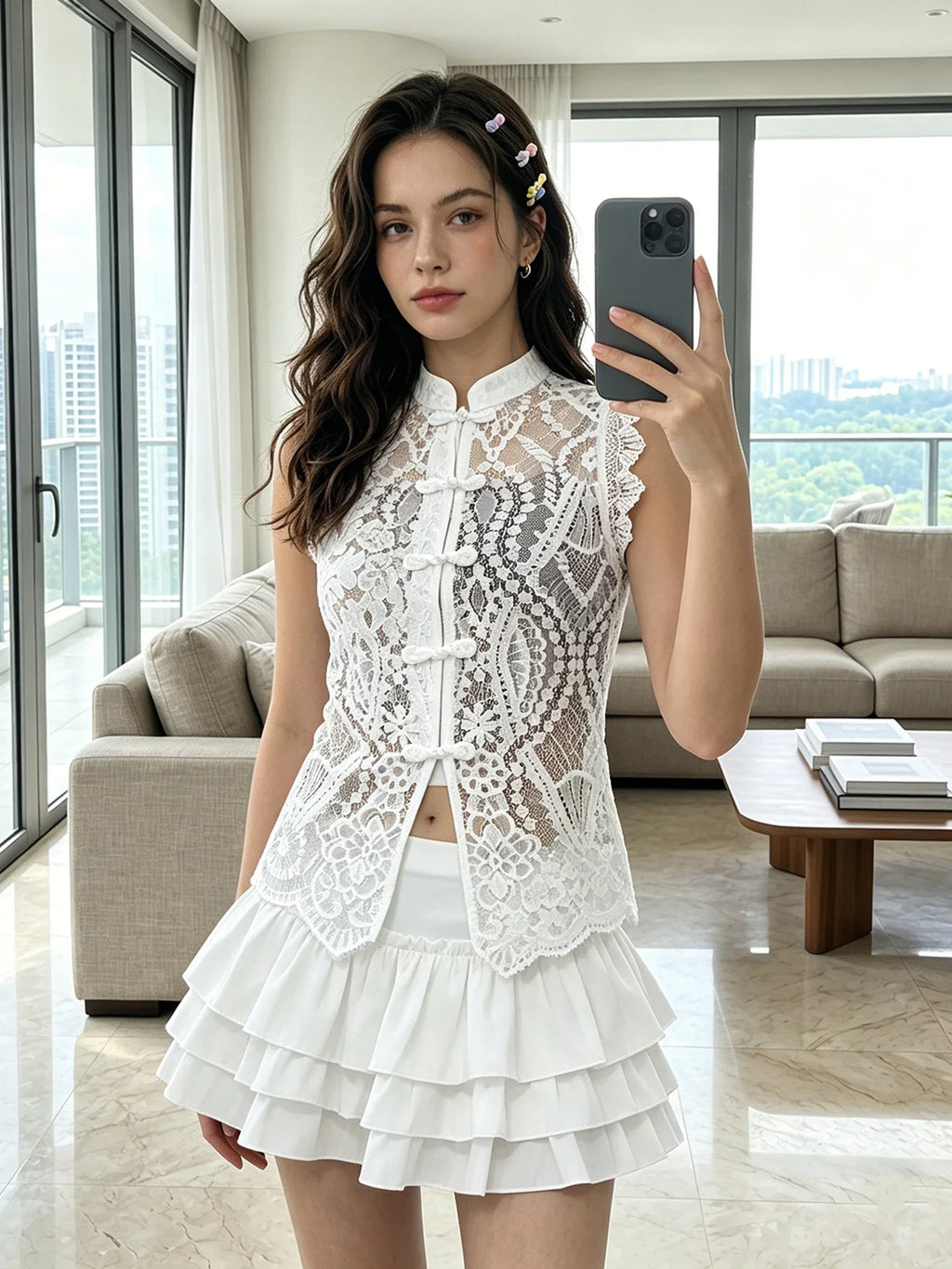Women's Solid Color Lace Tank Tops Mandarin Collar Sleeveless Frog Buttons Summer Vest