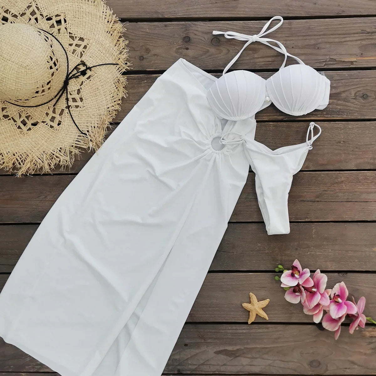 Sexy Shell Bikini Set With Skirt Women Two-Pieces Swimsuit 2024 New High Fork Skirt Set Biquini Swimwear For Girl Clothing