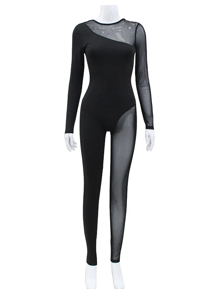 AHAgaga Winter Sexy See Through Mesh Rompers Women Jumpsuits Fashion O-Neck Zipper Skinny Slim Jumpsuit Woman Midnight Overalls