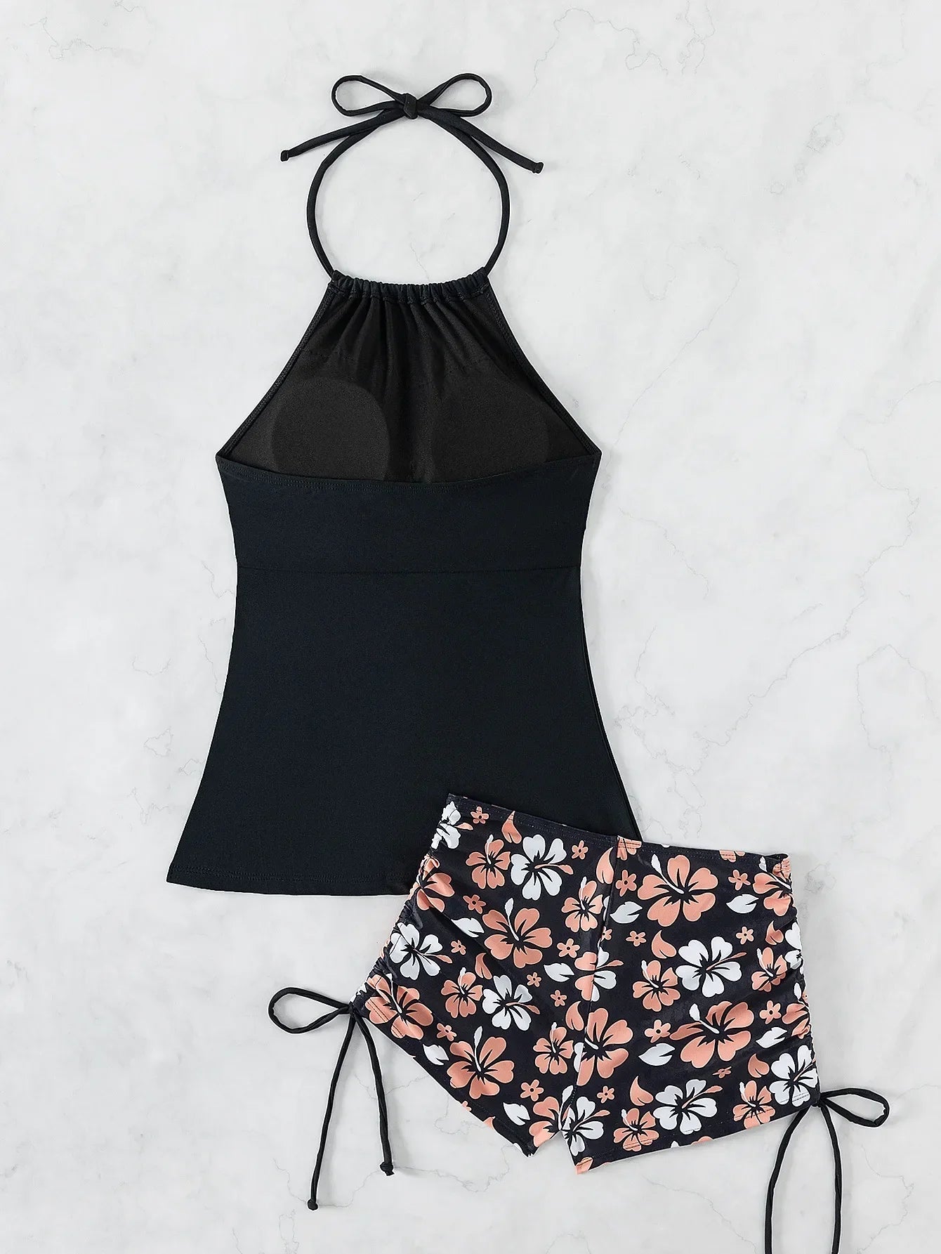 2026 Women's Bikini 2-piece Swimwear Tankini Set Sexy Halter Black Bathing Suit  Floral Print Drawstring High Waist Swimsuit