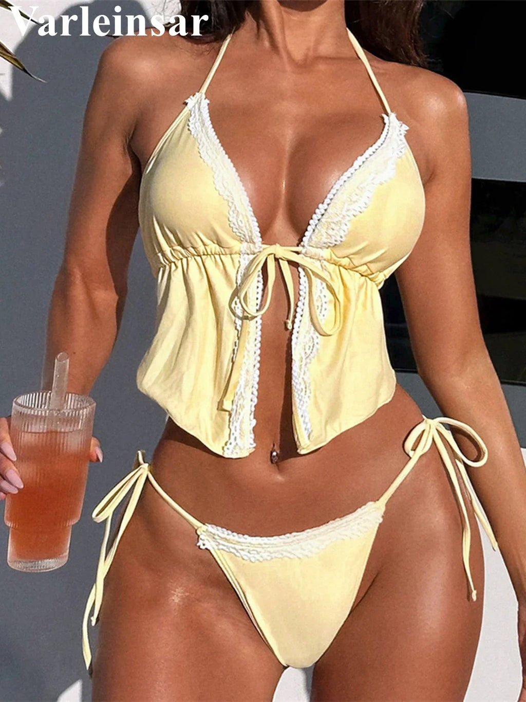 Sexy Lace Halter Tankini High Leg Cut Bikini Women Swimwear Female Swimsuit Two-Pieces Bikini Set Bather Bathing Suit Swim V8157