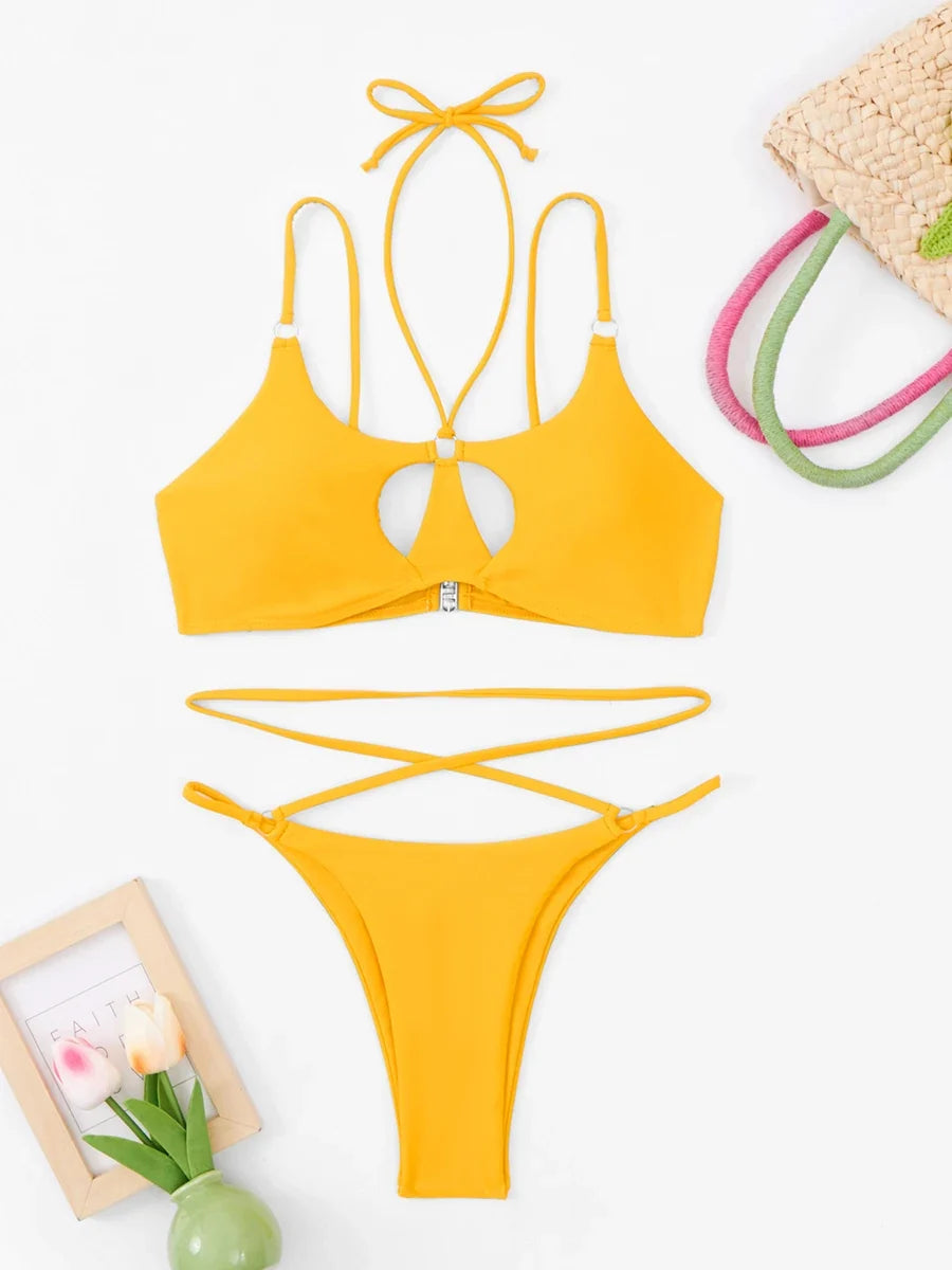 Sexy Halter Cross Bikini 2026 Women String Trikini Set Hollow Out Swimsuit Solid Swimwear Female Lady Bathing Swimming Swim Suit