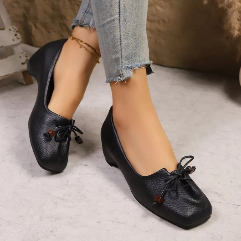 Retro Bow Inside Heightened Mary Jane Women's Shoes 2026 New Shallow Mouth Slip-on Square Toe Temperament Single Shoes