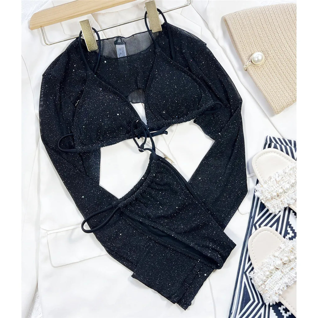 Sexy With Long Sleeves Cover Bling Bikini Female Swimsuit Women Swimwear Three-Pieces Bikini Set Bather Bathing Suit Swim V3711