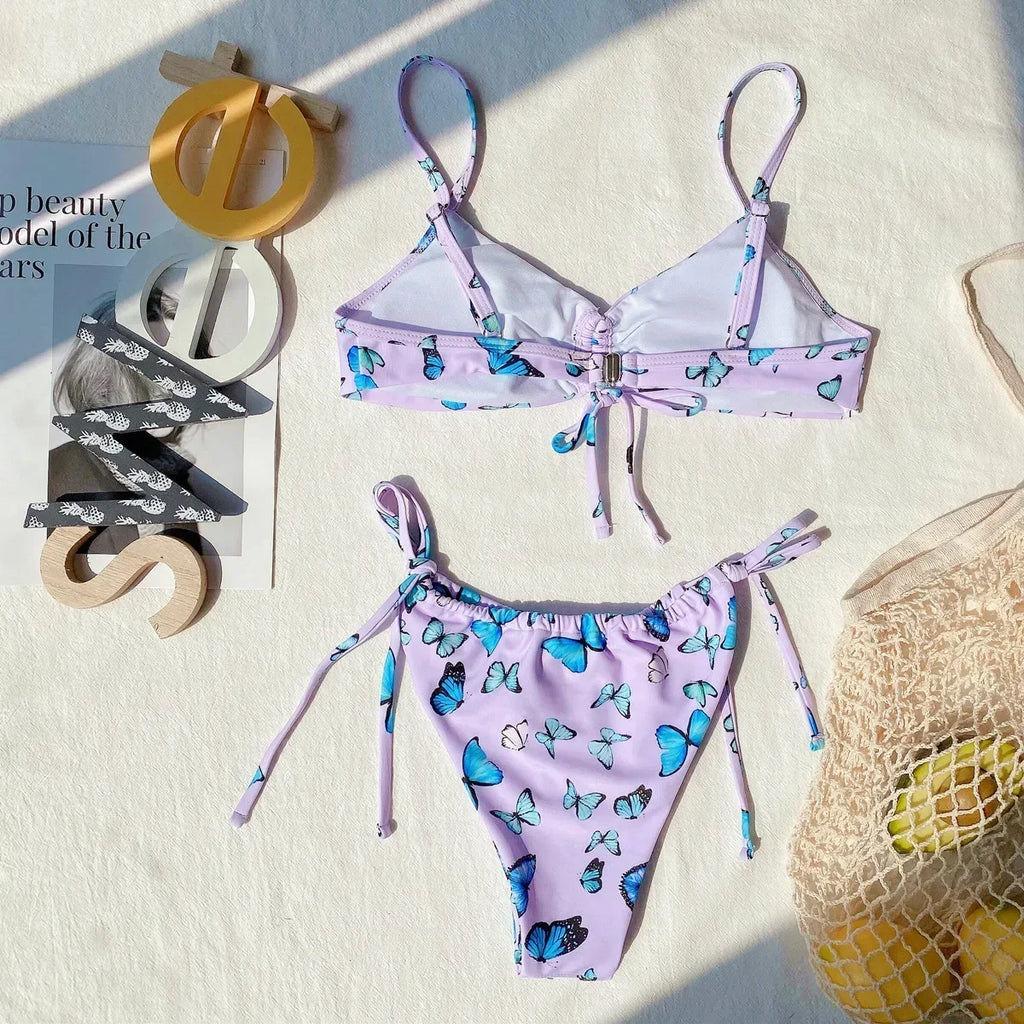 2026 New Sexy Bikini Women Drawstring Rainbow Butterfly Print Swimwear Swimsuit Female Bikinis Set Bathing Suit Banadores Mujer