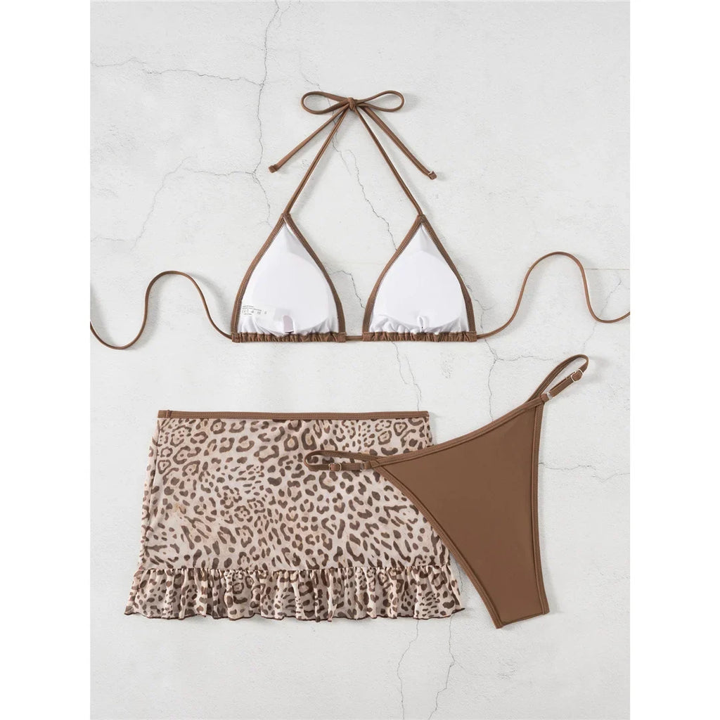With Leopard Printed Skirt Halter Bikini Female Swimsuit Women Swimwear Three-Pieces Bikini Set Bather Bathing Suit Swim V8325