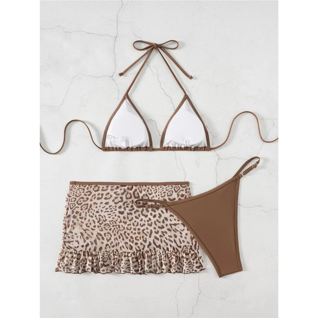 With Leopard Printed Skirt Halter Bikini Female Swimsuit Women Swimwear Three-Pieces Bikini Set Bather Bathing Suit Swim V8325