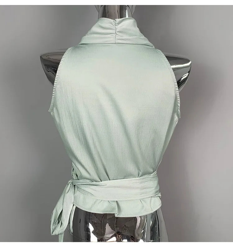 Women Blouses Slim Fit V-neck Lace Up Open Stitch Versatile Sleeveless Top For Female Chiffon Tops Summer Fashion PPAY