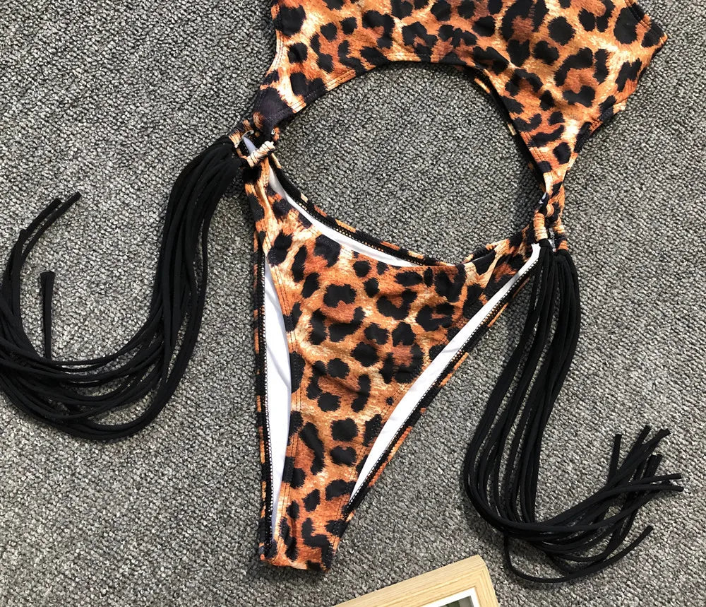 DEKA Long Tassel One Piece Swimwear Hollow Out Women Backless Swimming Suit Cut Out Halter Cross Swimsuit Female Beachwe Bathing