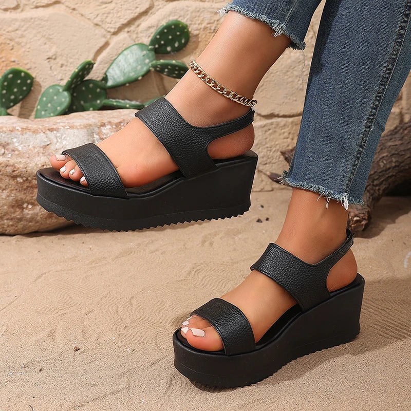 Black Pu Leather Chunky Sandals Women Plus Size 43 Summer Wedge Heels Sandals Woman Casual Slip On Platfrom Sandles Female