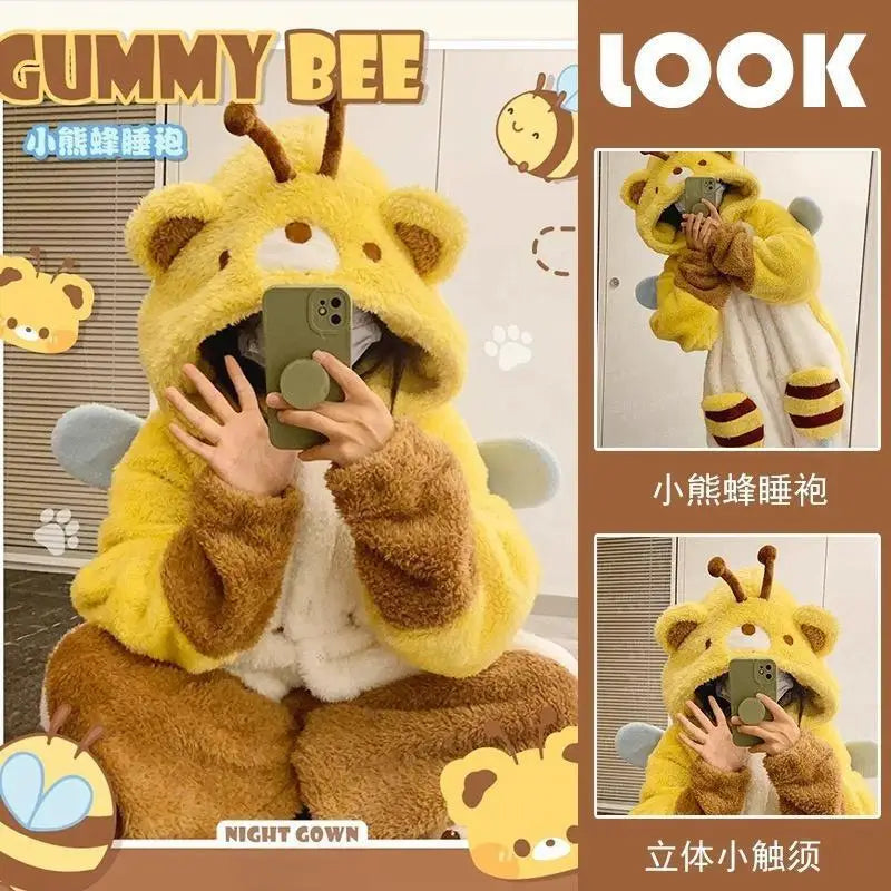 Cartoon Honeybee Pajamas Robes Slipper Kigurumi Unicron Anime Flannel Nightgown Winter Nightdress Party Cosplay Costume Slipper