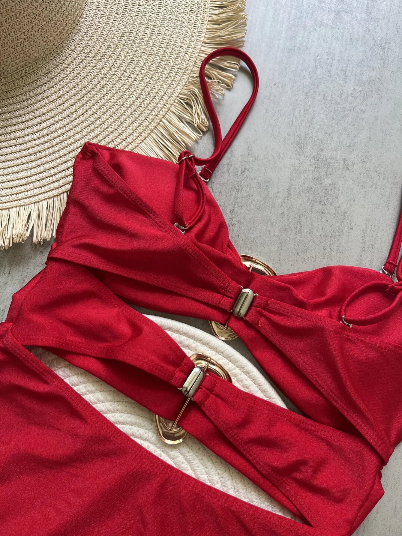 Sexy Red One Piece Swimwear Women Removable Shoulder Strap Ring Linked Bikini Monokini 2026 Backless Hollow Out Beach Swimsuit