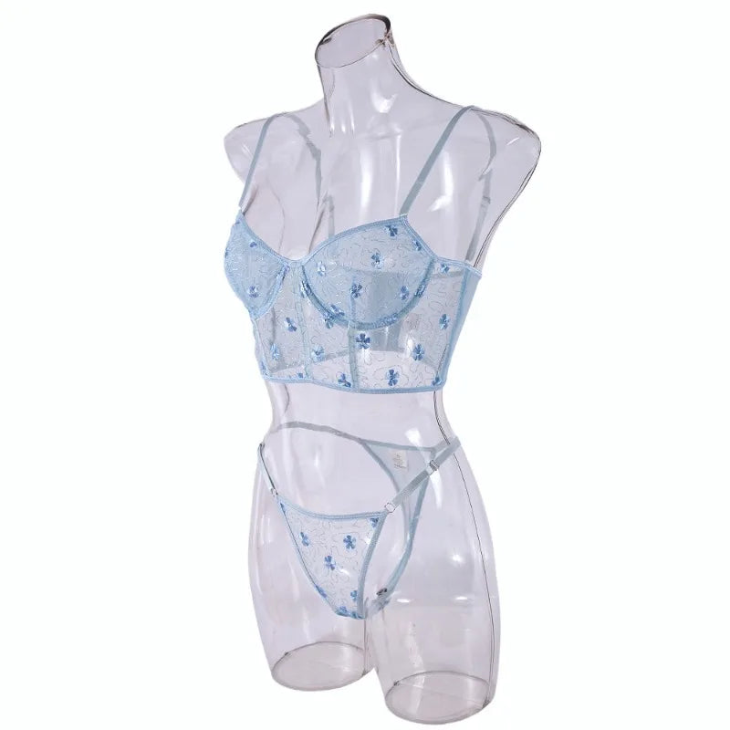 Toucheart Sexy Lingerie Mesh Embroidered Flowers Underwire Fishbone Sexy Floral Transparent Lace Underwear Sexy Lingerie Suit