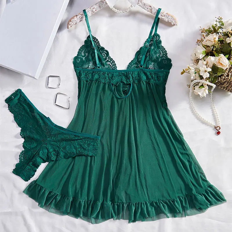 Sexy Sleepwear For Sleeping Night Dress Women Lingеrie Sets Deep V Slip Nightgowns And Panties Lace Ruffle Trim Underwear Pajama
