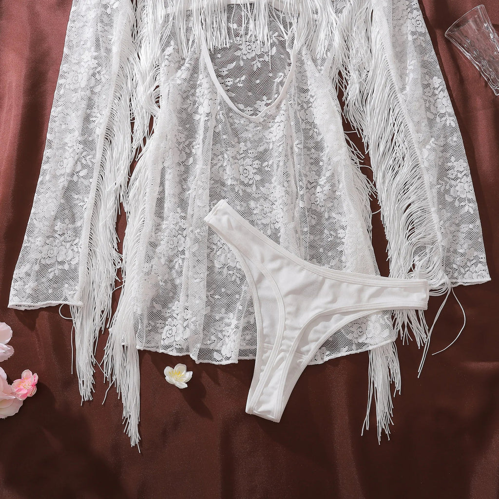 Toucheart Erotic Dress Elegant Palace-style Fringed Cardigan Spliced with See-through Intimate Lace Purelust Hip-hugging Dress