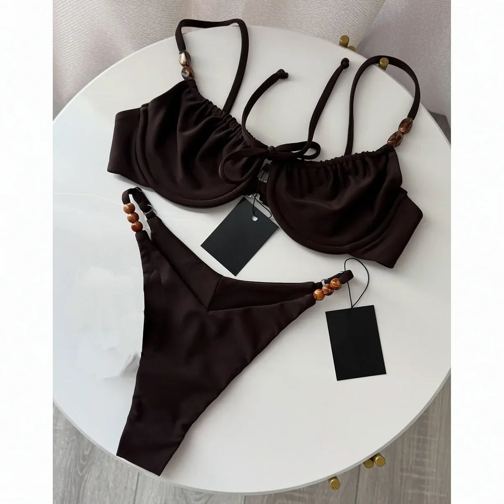 New Fashion Women Sexy Underwire Padded Swimsuit Bead Decor Lace-up Backless Micro Bikini Beachwear Push Up Low Waist Swimwear