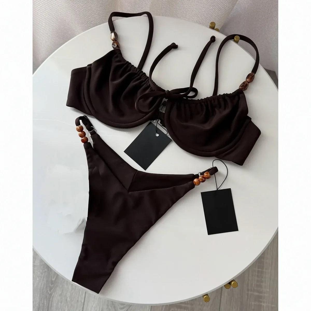 New Fashion Women Sexy Underwire Padded Swimsuit Bead Decor Lace-up Backless Micro Bikini Beachwear Push Up Low Waist Swimwear