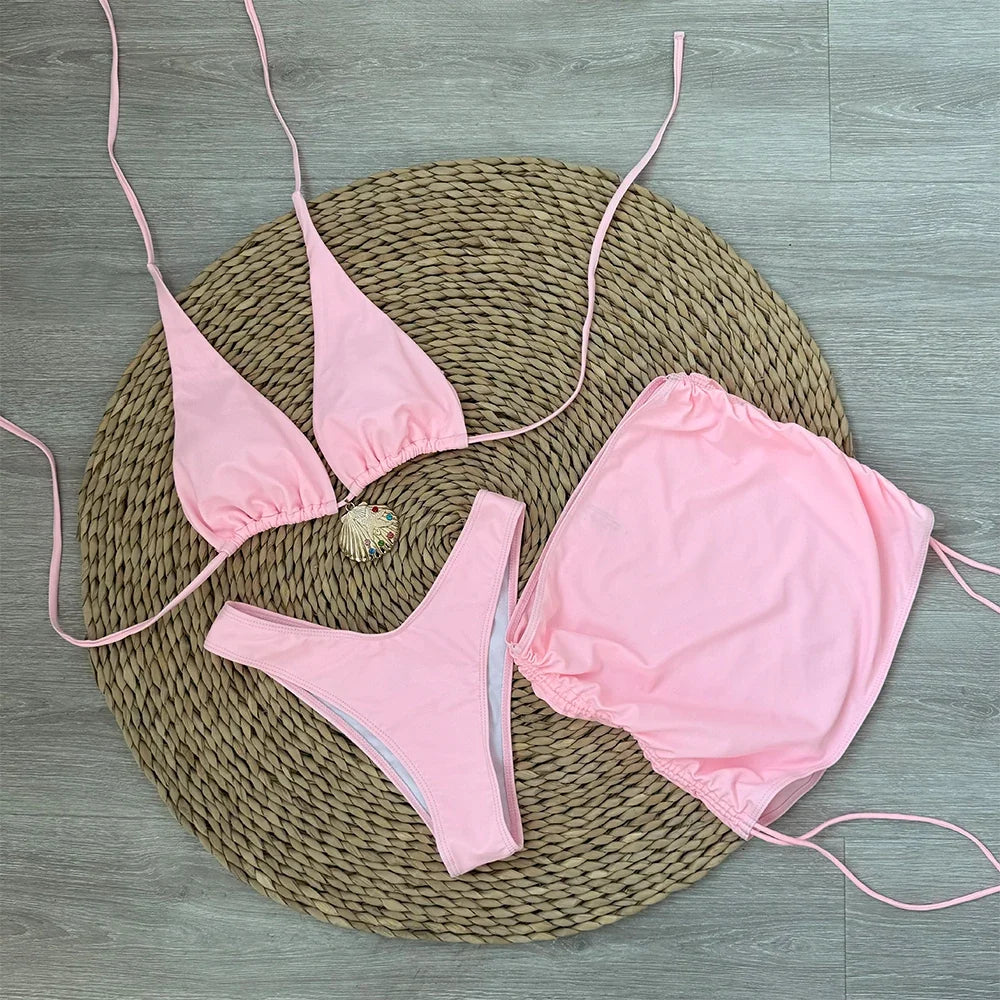 3 Pieces Bikini 2025 Sexy Women Swimsuit Swimwear Female Solid Bandage Skirt Bikini Set Biquini Bathing Suit Swimming Suit