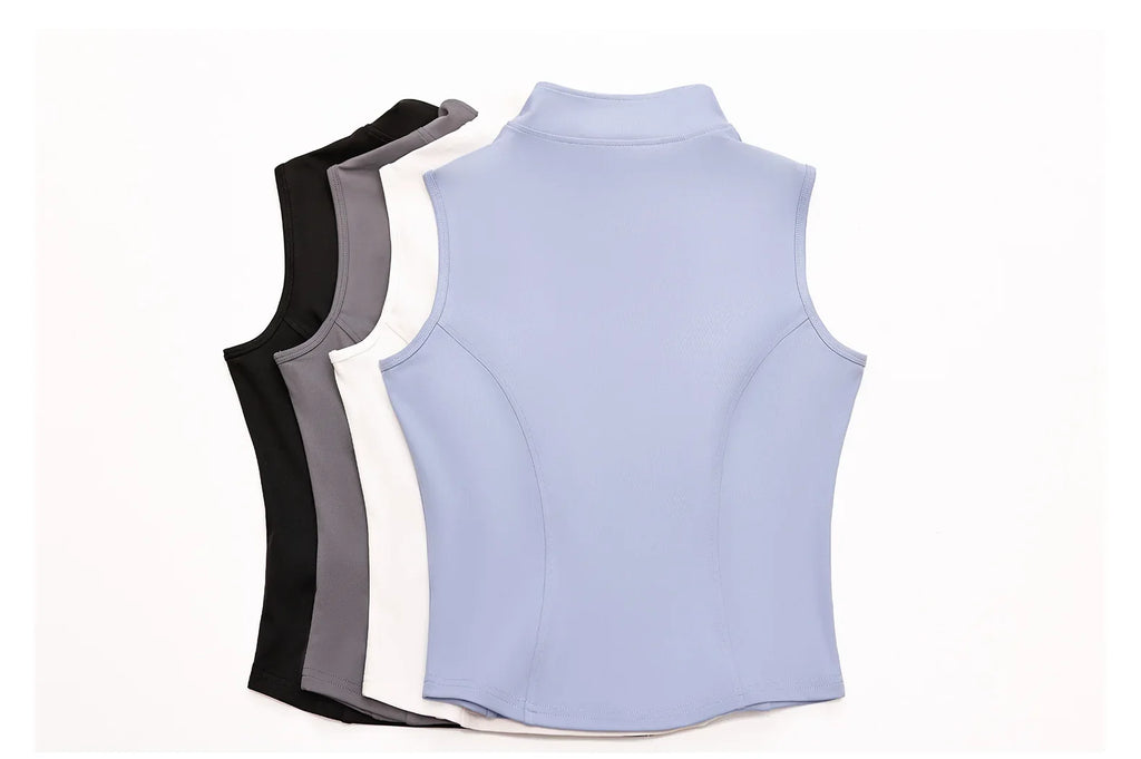 Women Zipper Yoga Shirts Solid Stand Up Collar Elastic Slim Fit Sports Jacket Breathable Sleeveless Sunscreen Workout Clothes