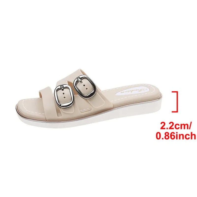 Women summer fashion golden buckle anti-slip, lightweight, comfortable, breathable round-toed indoor and outdoor slippers