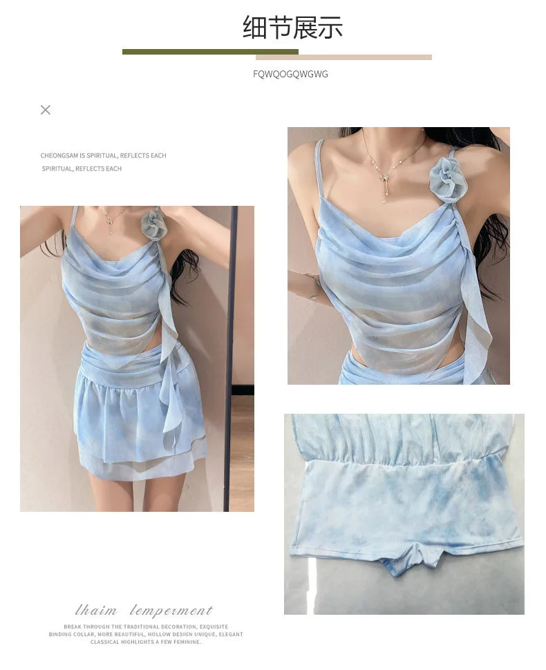 Swimsuit Women's Two-piece Fairy Style Sexy Hot Spring Skirt Style Three-dimensional Flower Ribbon Swimsuit