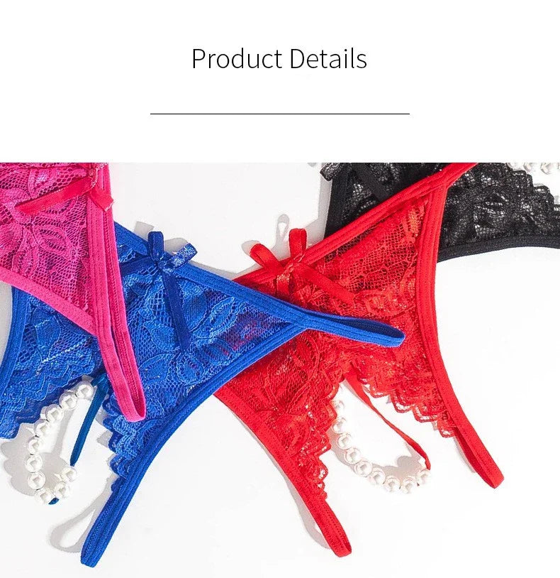 Hot Sexy Mesh Hollow Female Lingerie Transparent Crotchless Women Lace Open Crotch Beading Panties Underwear Erotic Costume