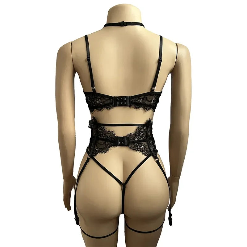 Women's Sexy Lingerie Set - Lace Patchwork See Through Bra & Garter Thongs  -  2024 Erotic Lingerie Costume