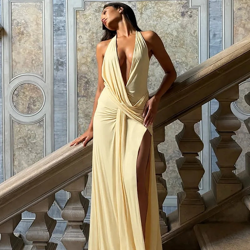 FDYOUI 2026 Summer Deep V-neck Hollow Out Long Maxi Evening Dress Women Chic Backless High Slit Ruched Solid Party Club Dresses