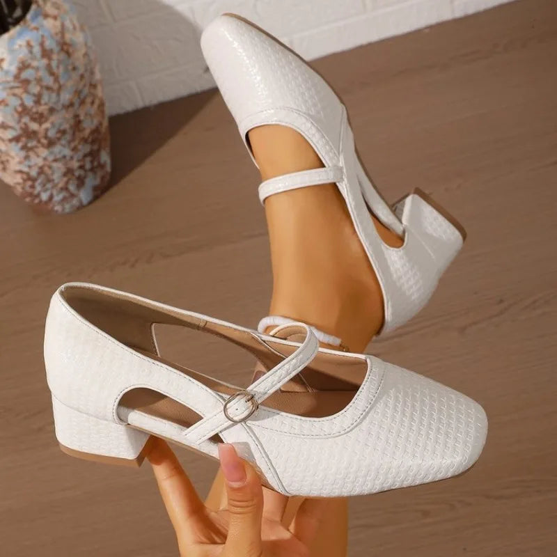 Extremely Comfortable French Shoes For Women Spring Summer Hollow Weave Square Toe Medium Chunky Heel Leather Beige Sandals